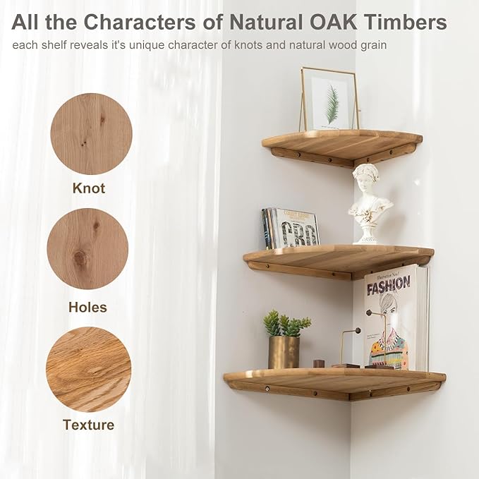 Corner Shelf, 12inch Solid Oak Wood Floating Corner Shelves Wall Mount Round End Floating Speaker Shelf with Wire Hole for Small Plant Photo Frame for Bedroom Kitchen, Living Room