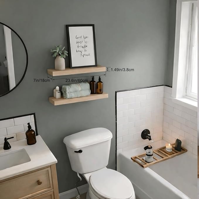 Floating Shelves for Wall, 24" Wall Mounted Shelves, Rustic Farmhouse Decor & Storage for Bathroom, Kitchen, Living Room, Dining Room, with Invisible Brackets, Set of 2, Oak