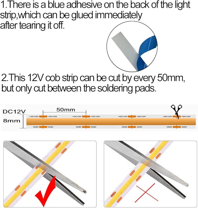 HAMRVL COB LED Strip Lights White 6000K,DC12V 16.4ft/5M 320leds/M CRI90 Flexible LED Tape Lights 8mm,for Indoor Home Cabinet,Bedroom, Kitchen, Stage, Backlight DIY Lighting(Without Power Supply)