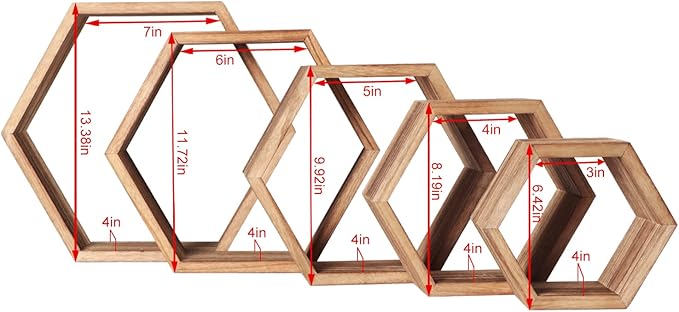Hexagon Shelves for Wall,Hexagon Floating Shelf Set of 5,Honeycomb Shelves Octagon Hanging Cube Rustic Wood Wall Mounted for Living Room Bedroom Kitchen Bathroom Office Home Decor（Carbonized Brown）