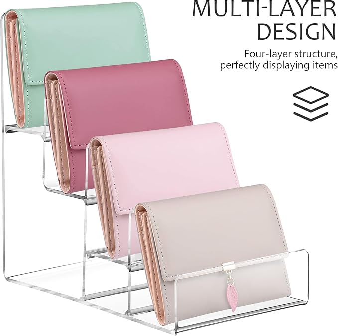 DOITOOL 4-Tier Clear Display Risers Stand: Acrylic Wallet Display Stand Holder, Clear Handbag Purse Display Stand Jewelry Display Riser Purse Handbag Organizer - 2 Pack (3.9X6.1X6.3inch)