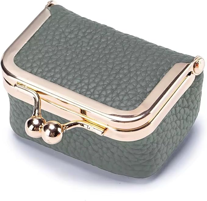 Genuine Leather Mini Jewelry Box for Women, Square Coin Purse with Kiss Lock, Jewelry Organizer Travel Case (Small, Almond Green)