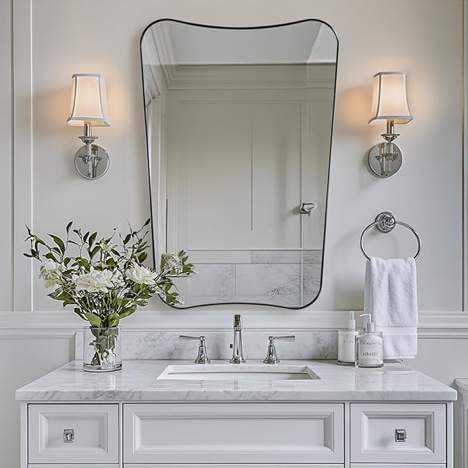 ANDY STAR Brushed Nickel Bathroom Mirror, 24x36 Inch Scalloped Mirror for Bathroom, Modern Irregular Shaped Mirror with Rust-Proof Stainless Steel Thin Frame, Ideal for Bathroom Remodel