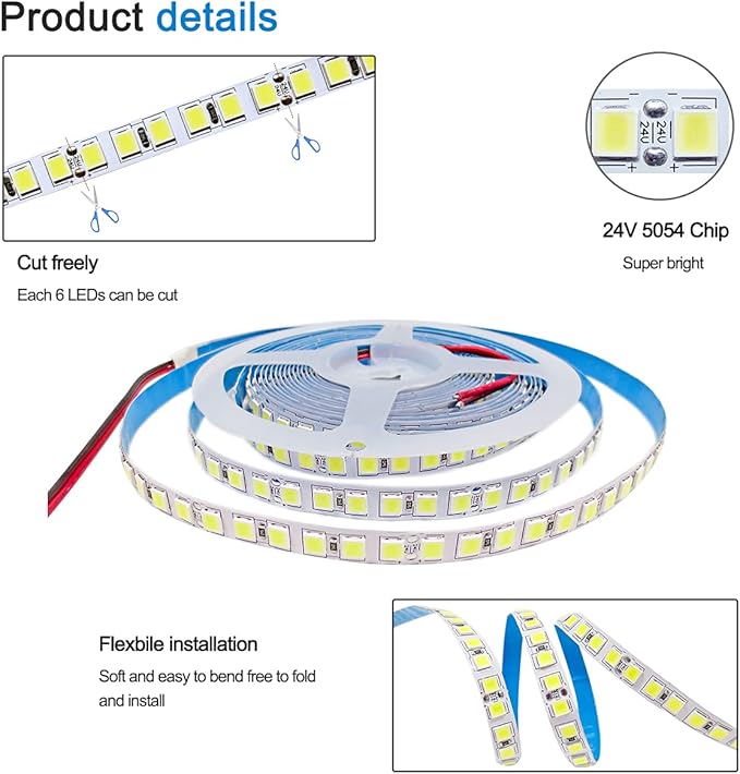 12V LED Strip Lights, 16.4ft White 6000K Light Strips SMD 5054 IP20 120 LEDs/M, Total 600 LEDs Super Bright Rope Light Strip for Home, Shelf, Kitchen Decoration
