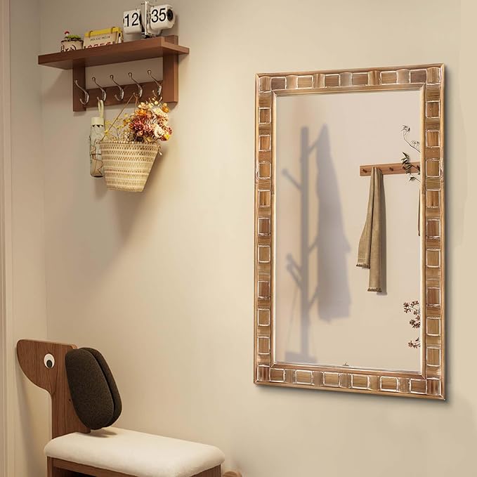 POZINO Rustic Wood Mirror, 24"X36" Farmhouse Bathroom Mirror for Over Sink, Natural Wooden Rectangle Wall Mirrors for Living Room Entryway Bedroom Hallway Fireplace, Horizontal Or Vertical