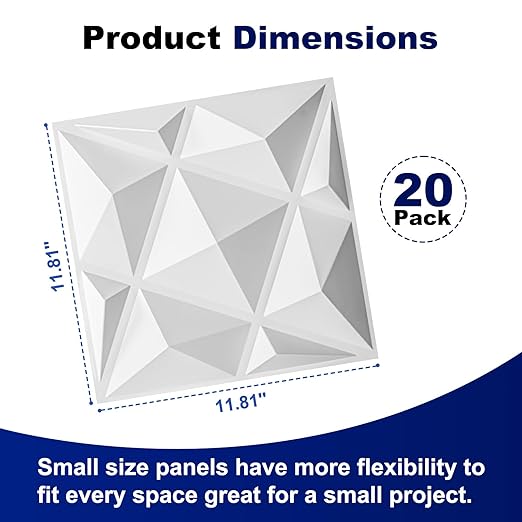 Art3dwallpanels 20 Pack 3D Wall Panels for Interior Wall Decor, 12''x12'' White Accent Diamond Panels for Gaming Room Bedroom TV Background, White
