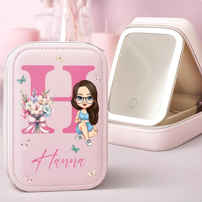 WANDERPRINT Personalized Floral Makeup Box with LED Mirror – Custom Name Birth Month Flower Jewelry Organizer, Travel Cosmetic Case Gift for Women & Girls on Christmas Birthday (Color 4)