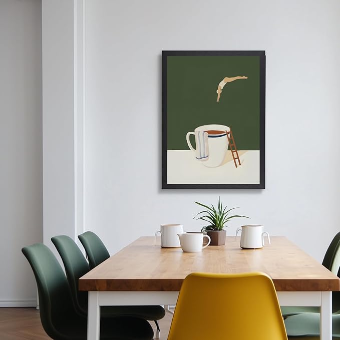 Cyebmo Modern Coffee Wall Art, Funny Diver Wall Decor, Vintage Kitchen Wall Decor, Minimalist Cafe Canvas Painting, Green Abstract Espresso Artwork for Kitchen Cafe Coffee Bar Wood Framed 12x16 Inch