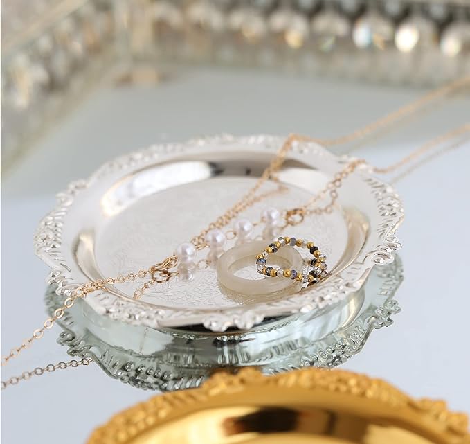 Round Storage Tray Necklace tray Jewelry Holder Organizer Dessert Plate Fruit DishRing Dish Organizer Holder Home Decor Wedding Gift for Perfume Candle Holiday Party (Silver, Mini)