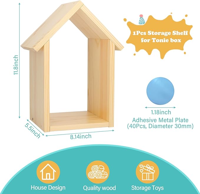 DIY House for Tonies Box Storage Organizer Shelf for 40 Tonie Figures (with 40Pcs Magnetic Adhesive Metal Plate), Compatible with TonieBox 1/2 Player Tonies Box Characters for Children Room