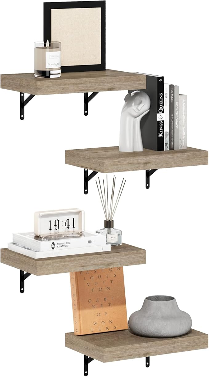 Furinno Tanna Floating Shelves for Wall Set of 4, 15-Inch Wall Shelf, Wall Mounted Shelf, for Bathroom, Home Office, Living Room, Natural