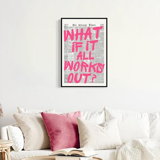 Pink What If It All Works Out Quote Poster, Vintage Black White Newspaper Canvas Wall Art, Trendy Positive Affirmations Picture Print, Charming Inspirational Office Wall Decor 8x12in Wrapped Canvas
