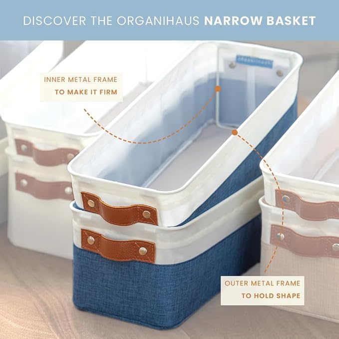 OrganiHaus Narrow Fabric Storage Baskets 2 Pack, Narrow Storage Bins for Shelves, Closet Storage Bins for Pantry Entryway, Cloth Canvas Basket, White/Brown