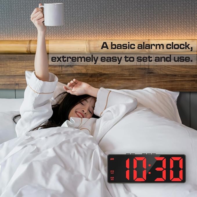 Digital Alarm Clock, Mirror Surface LED Electronic Clocks Large Display, Adjustable Brightness, Dual Power Supply, Snooze Model for Bedroom, Desk, Office (Black Case + Red Digit)