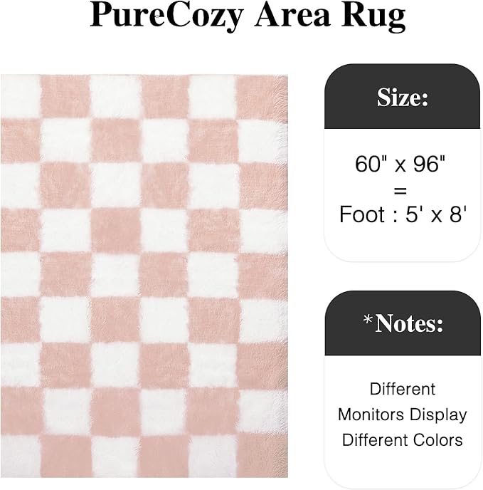 PureCozy Checkered Rug 5x8 for Living Room, Pink and White Modern Shag Rugs Super Soft Washable Indoor Office Fuzzy Carpet Non-Slip Fluffy Rugs for Bedroom Home Aesthetic Decor