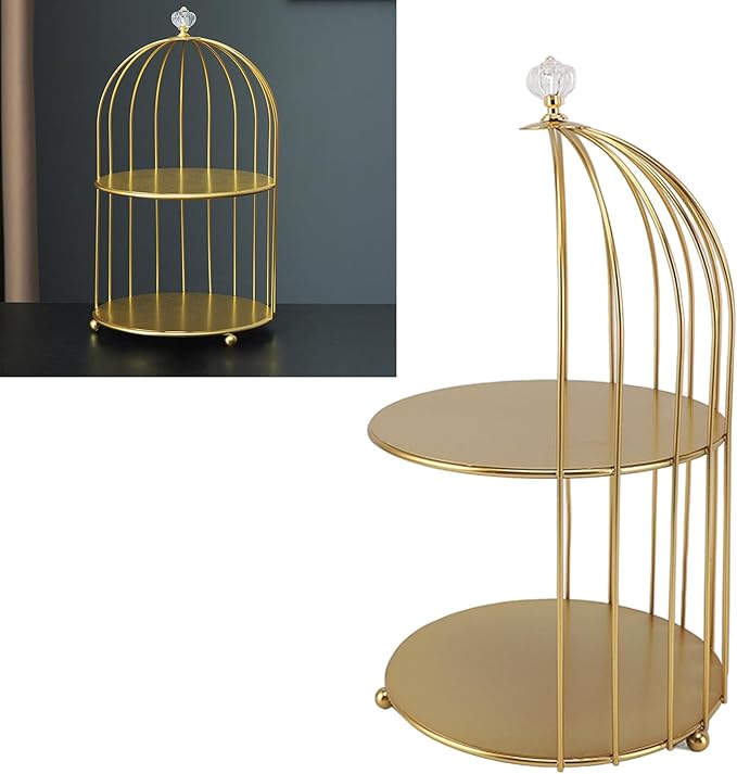 Bird Cage Cosmetic Organizer,Cosmetic Rack Bird Cage Desktop Makeup Organizer Rack, Space Saving Iron Unique Makeup Display Rack for Home Bathroom, Gold (Double Layers)