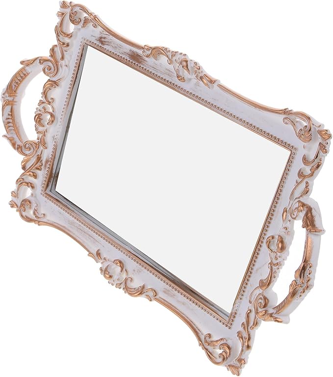 KICHOUSE Vintage Gold Mirror Vanity Tray, Plastic Perfume Organizer and Jewelry Trinket Dish for Makeup, Dresser Storage and Home Décor Accessories
