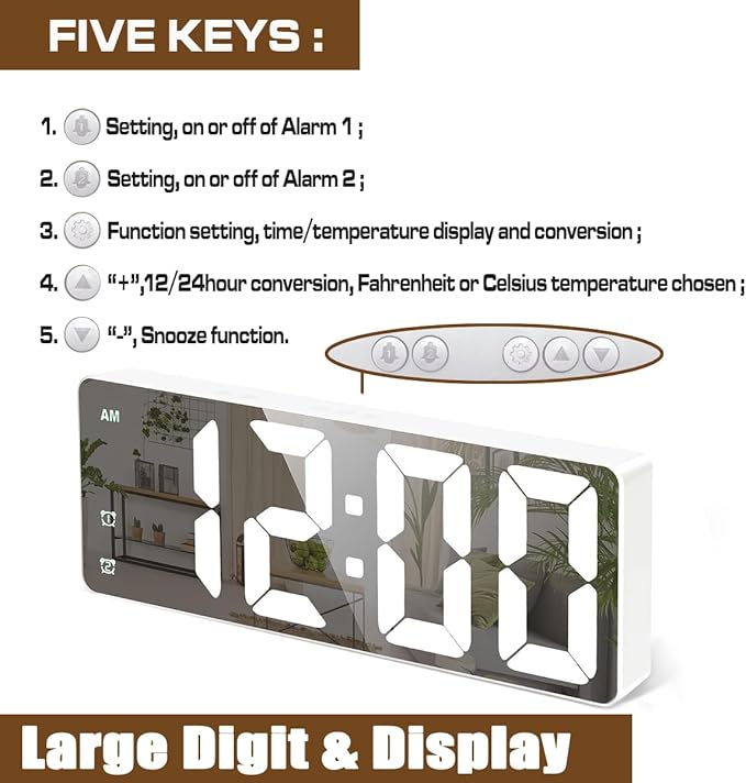 Small Digital Alarm Clock, Mirror Surface LED Electronic Clocks with Large Display, Adjustable Brightness and Snooze Model for Bedroom, Desk, Office, White Digit