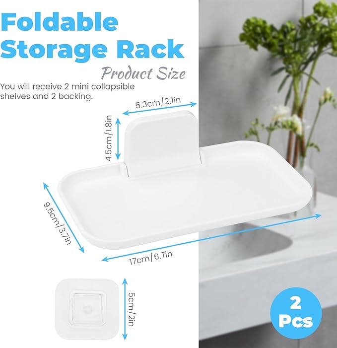 2 Pack Foldable Bedside Shelf Wall Mount, Adhesive Floating Shelves for Wall No Drilling, Glasses Watch Perfume Phone Holder Organizer for Bedroom Bathroom RV, Small