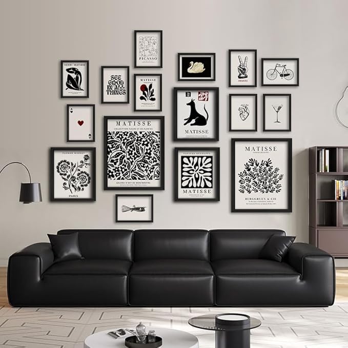 ANERZA 16 PCS Framed Black and White Wall Art Decor, Matisse Abstract Wall Prints for Bedroom, Gallery Wall Frame Set, Minimalist Posters for Living Room Aesthetic, Collage Kit, Dorm Home Artwork