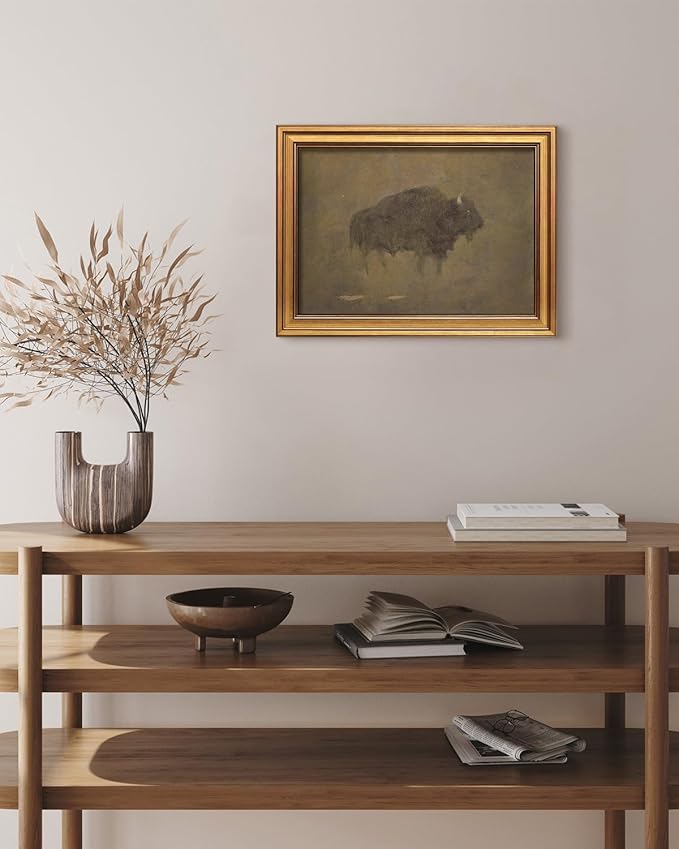 HUARCEY Gold Framed Canvas Wall Art, Retro Bison Picture Decor, Bedroom Bathroom Kitchen Farmhouse Decor, Moody Rustic Vintage Canvas Paintings, 12x16inch