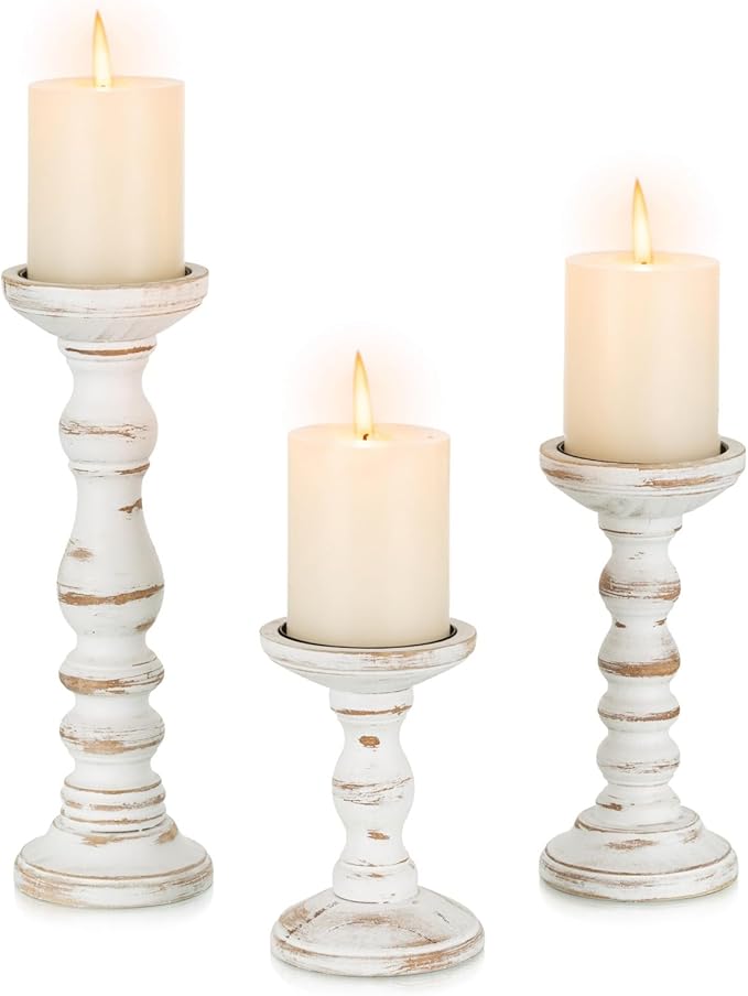 Candeldo Wood Candle Holders for Pillar: Rustic Candles Holder Set of 3 Tall Table Centerpiece Decor Wooden White Farmhouse Decorations for Fireplace Mantle