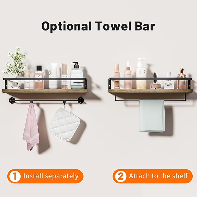 Bathroom Shelves with Towel Bar,Floating Shelves for Bathroom, Kitchen, Bedroom, Paulownia Wood, Matte Black Metal Frame - Set of 2 (Light Brown)