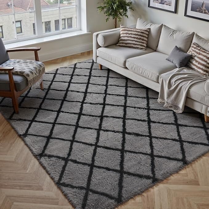 PureCozy 5x7 Checkered Rug for Living Room Grey and White Modern Soft Area Rug Fluffy Non-Slip Carpet for Bedroom Playroom Home Aesthetic Decor