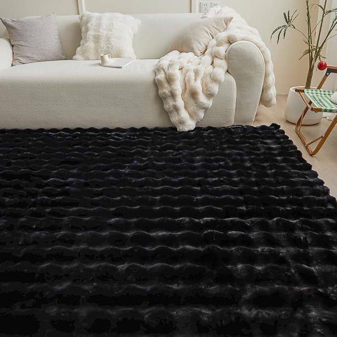 Black Rabbit Plush Rug 6'x9', Fluffy Faux Fur Shaggy Area Rug for Nursery, Kids Room Decor, Soft Fuzzy Carpet for Living Room, Bedroom, Teen Girls Room