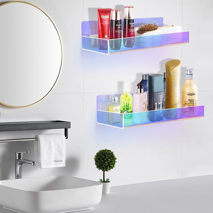 TLBTEK 2 Pcs 15 inch Iridescent Rainbow Floating Shelves,Colorful Acrylic Irridescent Floating Shelves Wall Mounted Storage for Bathroom, Bedroom, Living Room, Kitchen (Without Edge)