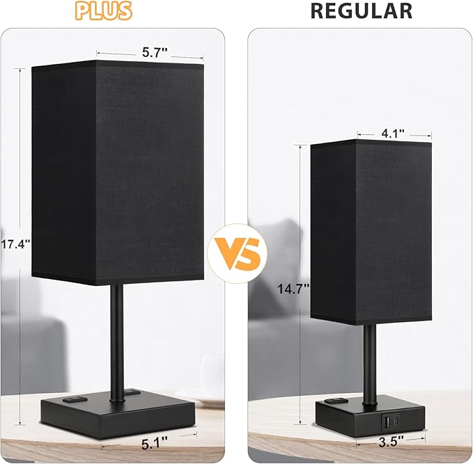 PLUS Black Bedside Lamp for Nightstand - Touch Table Lamp With Type C + A and AC Outlet, Square Charging Lamps For Bedroom Decor, Small Night Light For Office, Dorm Lamp For Men, E26 Bulb Included
