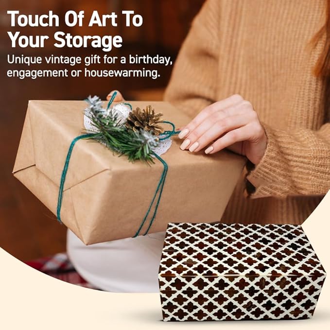 Perilla Home ﻿Home Decor Decorative Storage Wooden Box Small Wooden Organizer Tool Stash Card Craft Trinket Memory Keepsake Jewelry Box for Men and Women, Clover, Gifts For All, Dark Brown & Off White