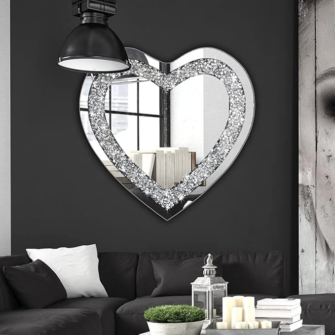DMDFIRST Crystal Crush Diamond Heart Shaped Silver Mirror for Wall Decoration 20x20x1 inch Wall Hang Frameless Mirror Acrylic Diamond Décor.