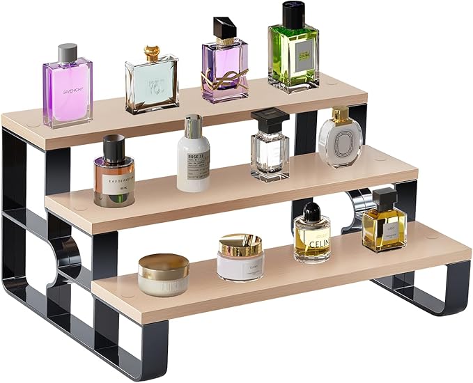 Cologne Organizer for Men,3 Tier Perfume Stand for Dresser,Makeup Organizer for Vanity,Display Riser Stand,Wooden Bathroom Countertop Stand for Bedroom,Dressing(Brown, 3 Tiers-Width=11.2")