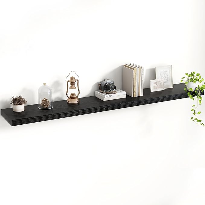 Acovy 55 Inch Floating Shelves, 8 Inch Deep Floating Shelves for Wall, Hanging Shelf with Invisible Brackets, Deep Shelves for Bathroom, Bedroom, Living Room, Black, Set of 1