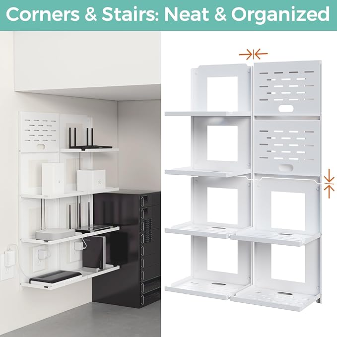2-Tier Router Shelf Wall Mount Foldable - 10 inch Metal Outlet Shelf w/Cable Holes | Dual-Layer Organize & Connect for Router and Modem & Smart Home Decor | Folds Up & Stackable (Medium)
