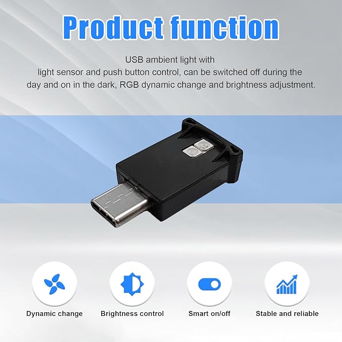 2 PCS USB Type C LED Ambient Light, 8 Colors RGB Dynamic Gradient Brightness Interior Atmosphere Lamp, Mini Adjustable Car Accessories Replace Lighting Parts for Home Laptop
