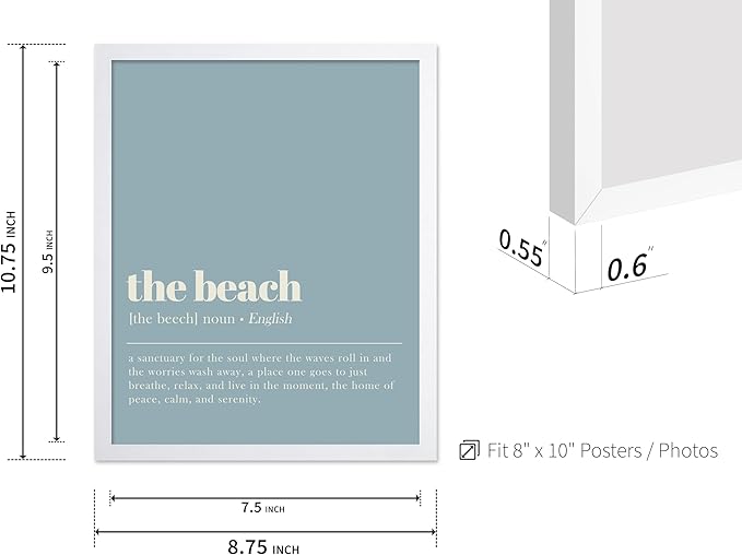 Poster Master Typography Poster - Dictionary Print - Beach Definition, Home of Peace and Calm, Sanctuary, Waves, Soul, Relax - Gift for Family, Friend - Wall Decor for Home, 8x10 White Framed
