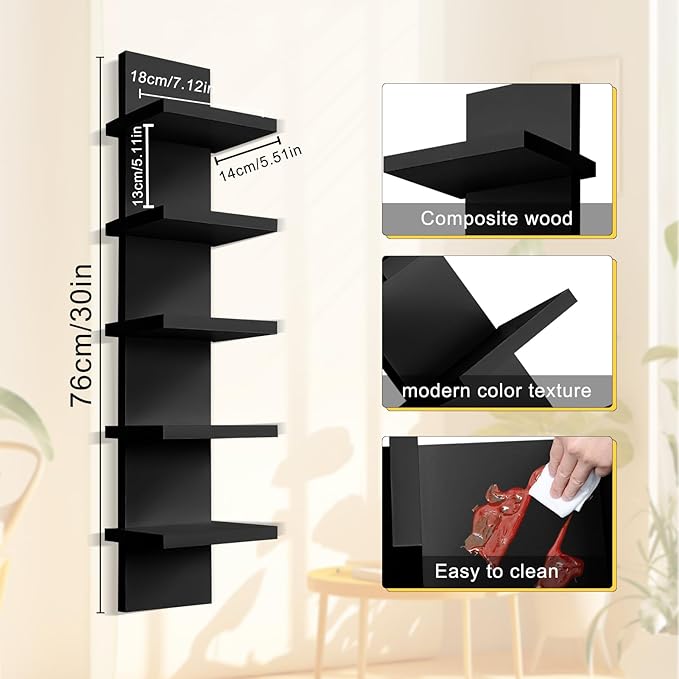 5 Tier Wall Shelf Unit - Narrow Smooth Laminate Finish - Vertical Column Wall Decor Mount Floating Storage Home Decor Organizer Tall Tower Utility Shelf for Bedrooms, Living Rooms(Black)