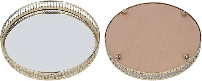 9.8×1.7in Round Decorative Mirror Tray American Style Makeup Organizer Jewelry Organizer Serving Tray with Decorative Geometric Shape Side for Whiskey Decanter, Vanity Set, Perfume Tray