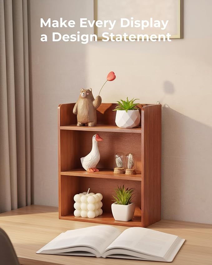 3-Tier Vintage Trinket Display Shelf for Wall or Desk, Small Wooden Shelf for Collectibles, Perfume & Crystal Storage, Brown