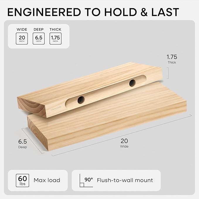 Homeforia 20 inch Natural Floating Shelf, High End Solid Real Wood 20inch Small Floating Shelves for Wall Mounted, Natural Wooden Floating Shelves, Heavy Duty Bracket, 20 X 6.5 X 1.75 in, Set of 3