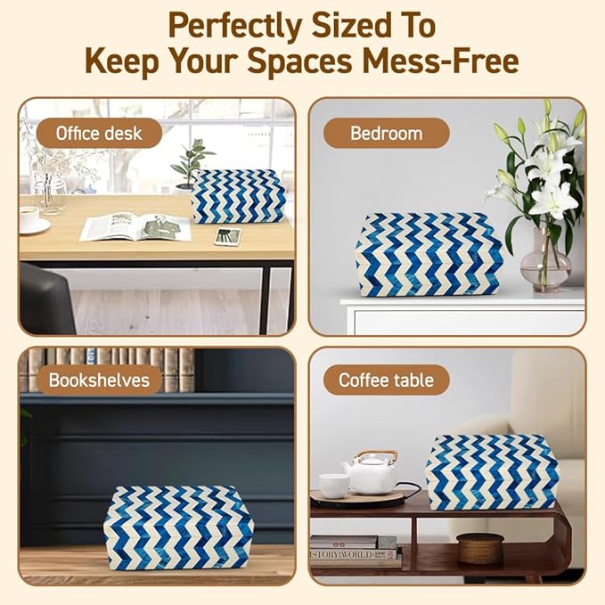 Perilla Home ﻿Home Decor Decorative Storage Wooden Box Small Wooden Organizer Tool Stash Card Craft Trinket Memory Keepsake Jewelry Box for Men and Women, Chevron, Gifts For All, Blue and Off White