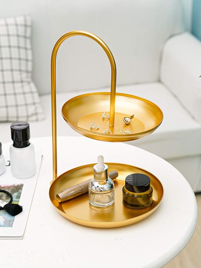 Besttimes Decorative 2 Tire Cosmetic Storage Tray Makeup Organizer Multi-Function Metal Storage Jewelry Organizer (Gold)