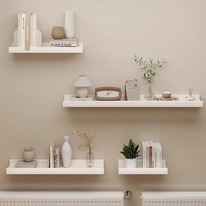 Radiator Cover Shelf, Long White Floating Shelves Wood Shelving Wall Mounted for Living Room Bedroom Kitchen Bathroom Office Storage Organizer Decoration (White, Set of 4)