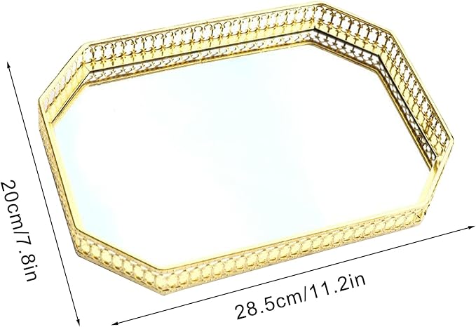 Mirror Tray, Makeup Decorative Storage Mirror Tray, Gold Or Silver Glass Mirror Crystal Vanity Tray, Antique Mirror Serving Tray Round Ornate Jewelry Trinket Organizer Tray for Home Decor(#4)