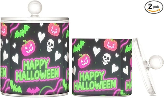 Halloween Heart Pumpkin Neon Green Pink Clear Plastic Makeup Organizer Storage with lid Dresser Essentials Decorative storage bin for Cotton Swabs,Cotton Pads,Floss Picks,Paper