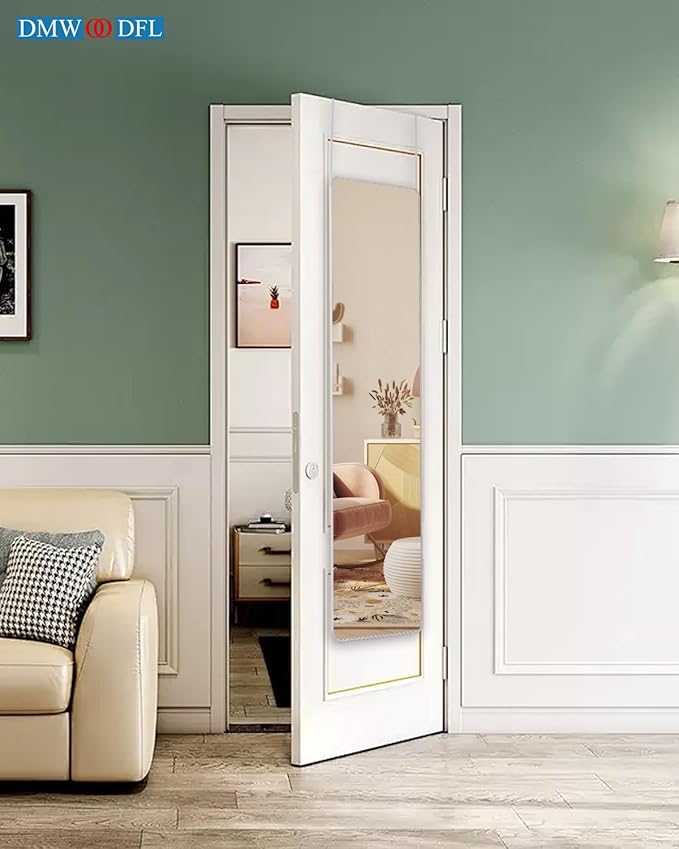 DMWOODFL 48"x14" Rounded Rectangle Over The Door Mirror - Full Length Tempered Glass & Aluminum Frame, No Drill Installation for Bedroom, Bathroom, Closet, Entryway (Silver White)