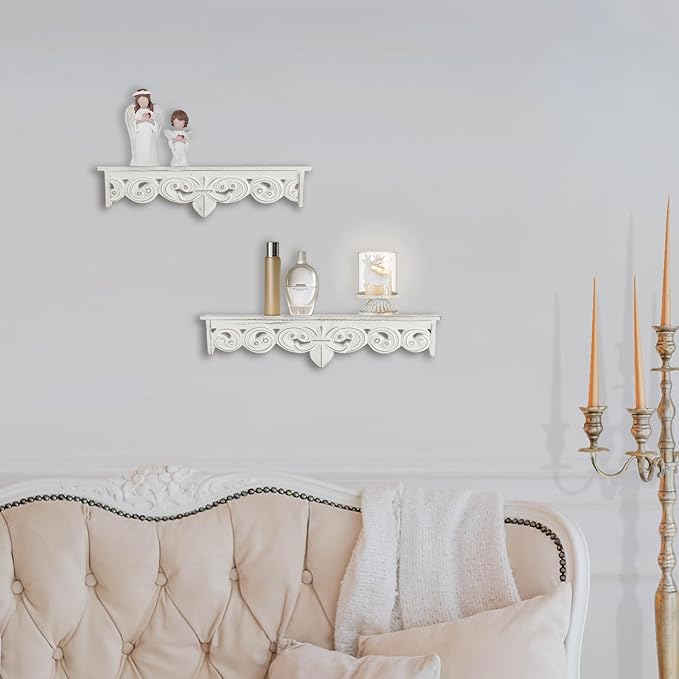 White Vintage Wall Shelves Decor - Antique Floating Shelf Wood Wall French Country Decor Farmhouse Rustic Hanging Shelves for Living Room Bedroom (16.5"+15")