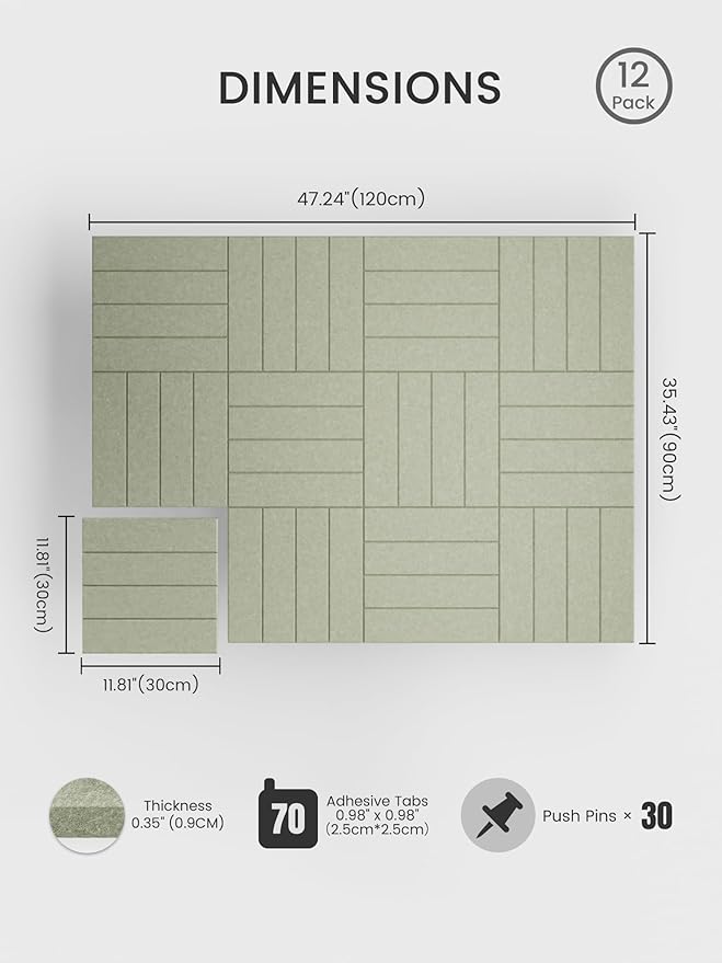 Bumusty Large Cork Board Alternative-48 x 36" Felt Bulletin Board Tiles, with 30 Pushpins, 70 Adhesive Tabs, Bold-Stripe 12-Pack, Cork Boards for Office Push Pin Board Felt Board-Sage